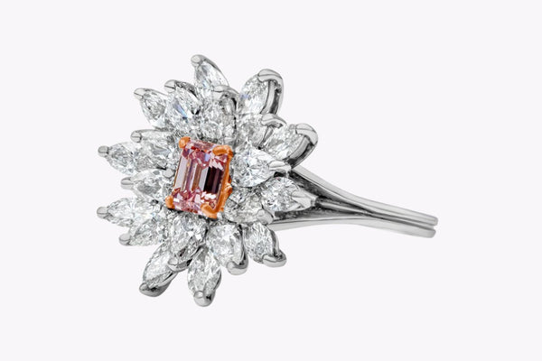 GIA Certified 0.59 Carat Emerald Cut Pink Diamond Cluster Engagement Ring in Platinum