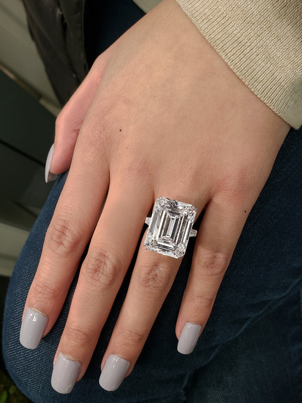 GIA Certified 25.32 Carats Emerald Cut Diamond Three-Stone Engagement Ring in Platinum