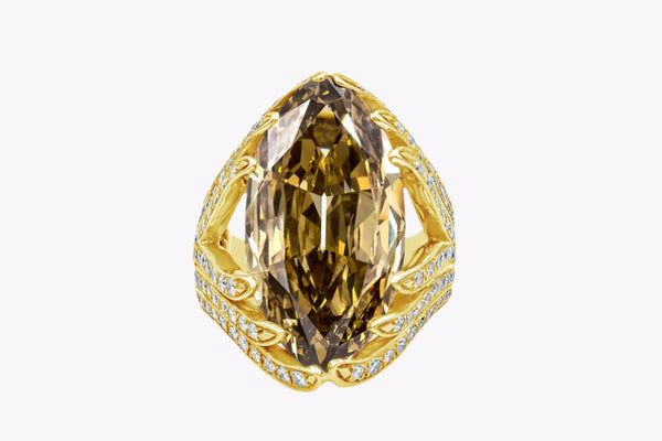 GIA Certified 10.07 Carats Marquise Cut Brown Diamond Fashion Ring in Yellow Gold