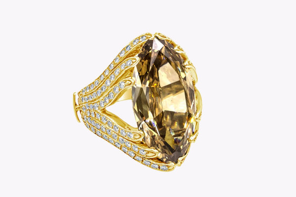 GIA Certified 10.07 Carats Marquise Cut Brown Diamond Fashion Ring in Yellow Gold