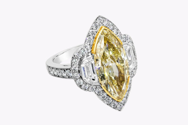 GIA Certified 5.43 Carats Marquise Cut Yellow Diamond Halo Engagement Ring in Yellow Gold & Platinum