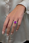 4.95 Carats Oval Cut Purple Pink Sapphire Three-Stone Engagement Ring in Yellow Gold & Platinum