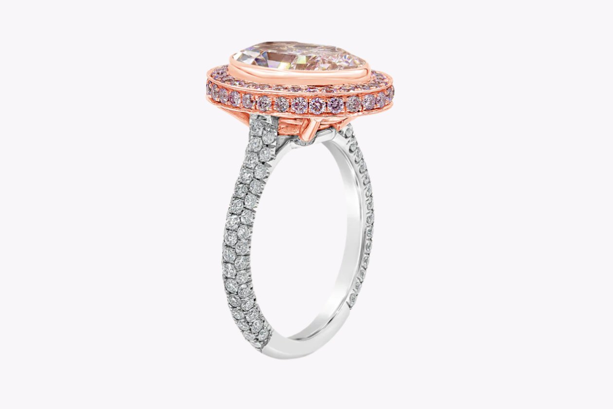 GIA Certified 3.66 Carats Oval Cut Pink Diamond Halo Engagement Ring in Rose Gold & Platinum