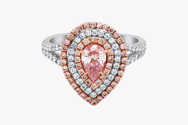 GIA Certified 0.47 Carat Pear Shape Pink Diamond Triple Halo Engagement Ring in Rose Gold