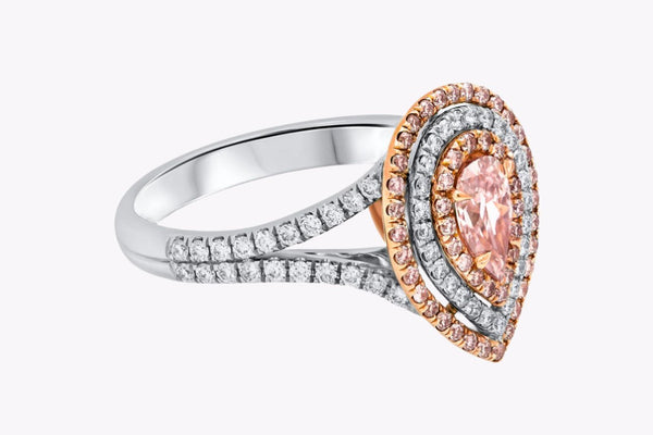 GIA Certified 0.47 Carat Pear Shape Pink Diamond Triple Halo Engagement Ring in Rose Gold