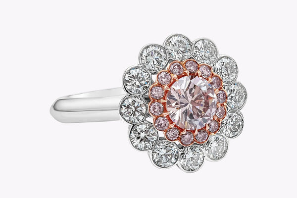 GIA Certified 0.77 Carat Round Brilliant Cut Pink Diamond Double Halo Engagement Ring in Platinum