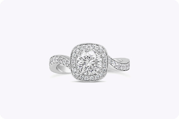 1.68 Carats Total Round Diamond Halo Engagement Ring & Wedding Band Set in White Gold