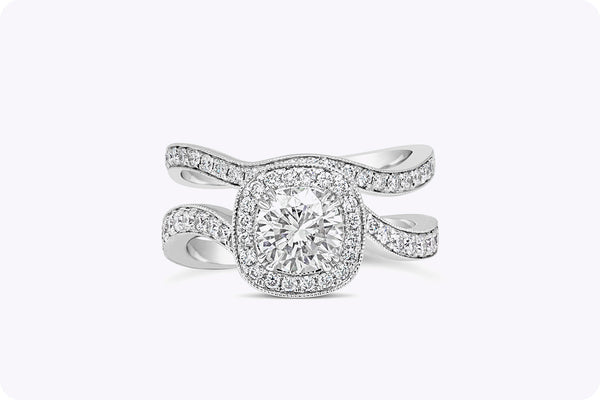 1.68 Carats Total Round Diamond Halo Engagement Ring & Wedding Band Set in White Gold