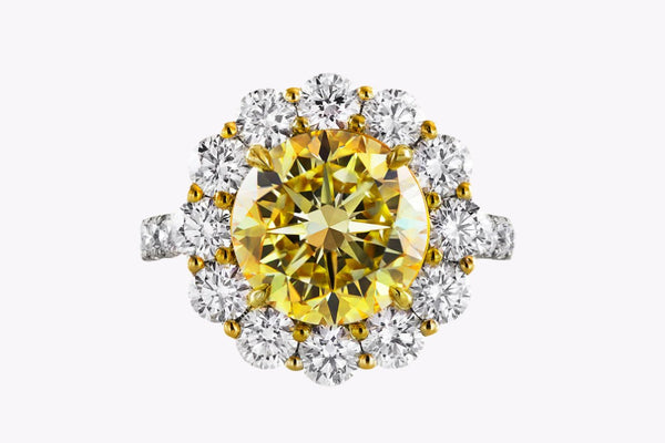 GIA Certified 4.47 Carats Round Brilliant Cut Yellow Diamond Engagement Ring in Yellow Gold & Platinum