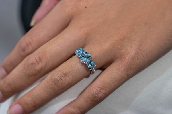 2.94 Carats Total Round Cut Aquamarine Three-Stone Engagement Ring in White Gold