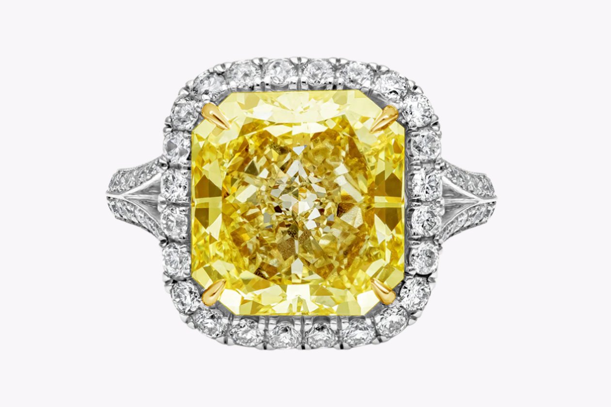 GIA Certified 5.32 Carats Radiant Cut Yellow Diamond Halo Engagement Ring in White & Yellow Gold