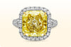 GIA Certified 5.32 Carat Radiant Cut Fancy Yellow Diamond Halo Engagement Ring in White Gold and Yellow Gold