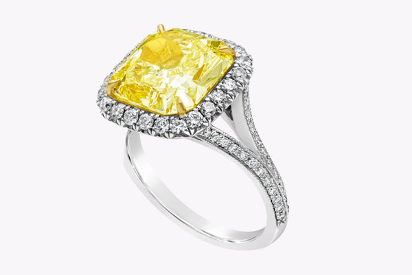 GIA Certified 5.32 Carats Radiant Cut Yellow Diamond Halo Engagement Ring in White & Yellow Gold