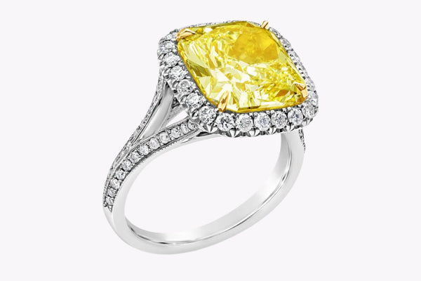 GIA Certified 5.32 Carats Radiant Cut Yellow Diamond Halo Engagement Ring in White & Yellow Gold