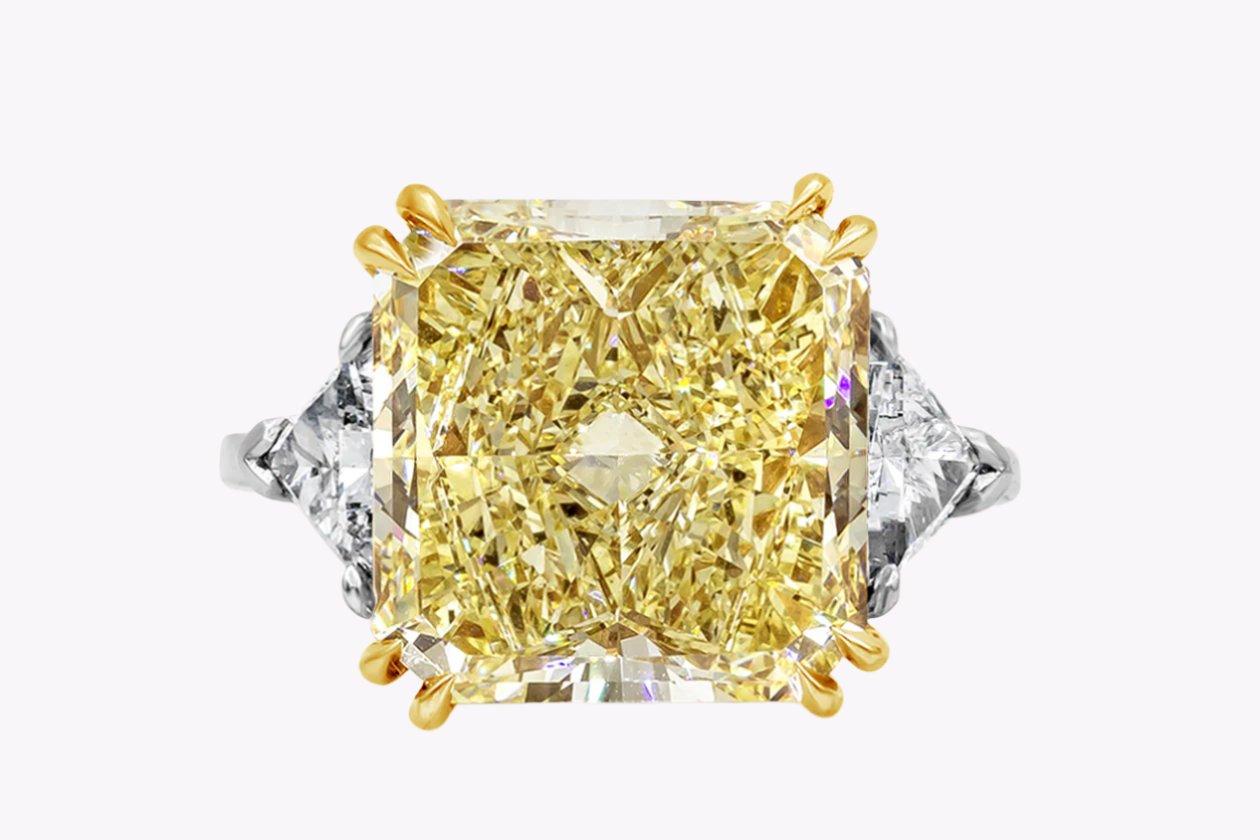 GIA Certified 10.59 Carats Radiant Cut Yellow Diamond Three-Stone Engagement Ring in Yellow Gold & Platinum