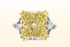 GIA Certified 10.59 Carat Radiant Cut Fancy Yellow Diamond Three-Stone Engagement Ring in Platinum