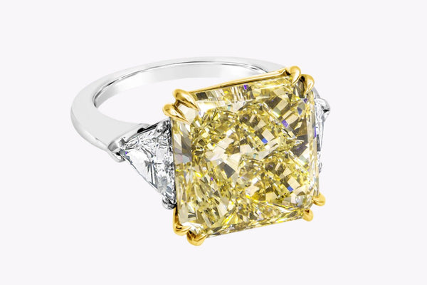 GIA Certified 10.59 Carats Radiant Cut Yellow Diamond Three-Stone Engagement Ring in Yellow Gold & Platinum