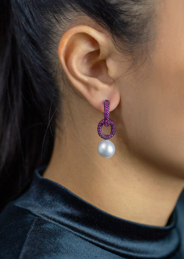 2.70 Carat Pink Sapphire and South Sea Pearl Dangle Earrings in White Gold