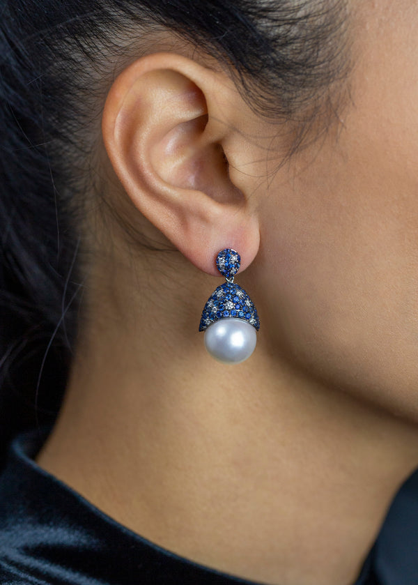 3.07 Carat Blue Sapphire and South Sea Pearl Drop Earrings in White Gold