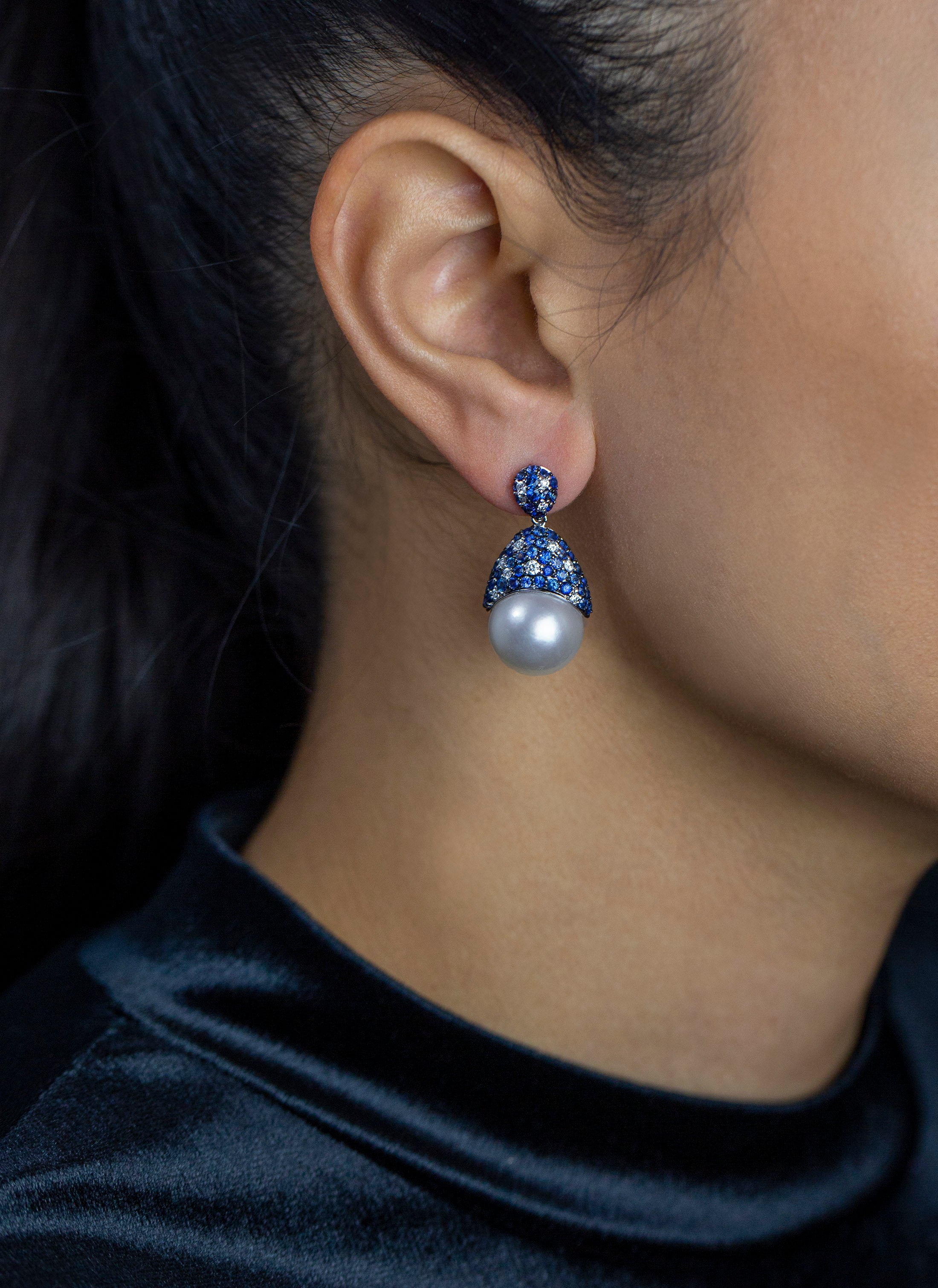 3.07 Carat Blue Sapphire and South Sea Pearl Drop Earrings in White Gold