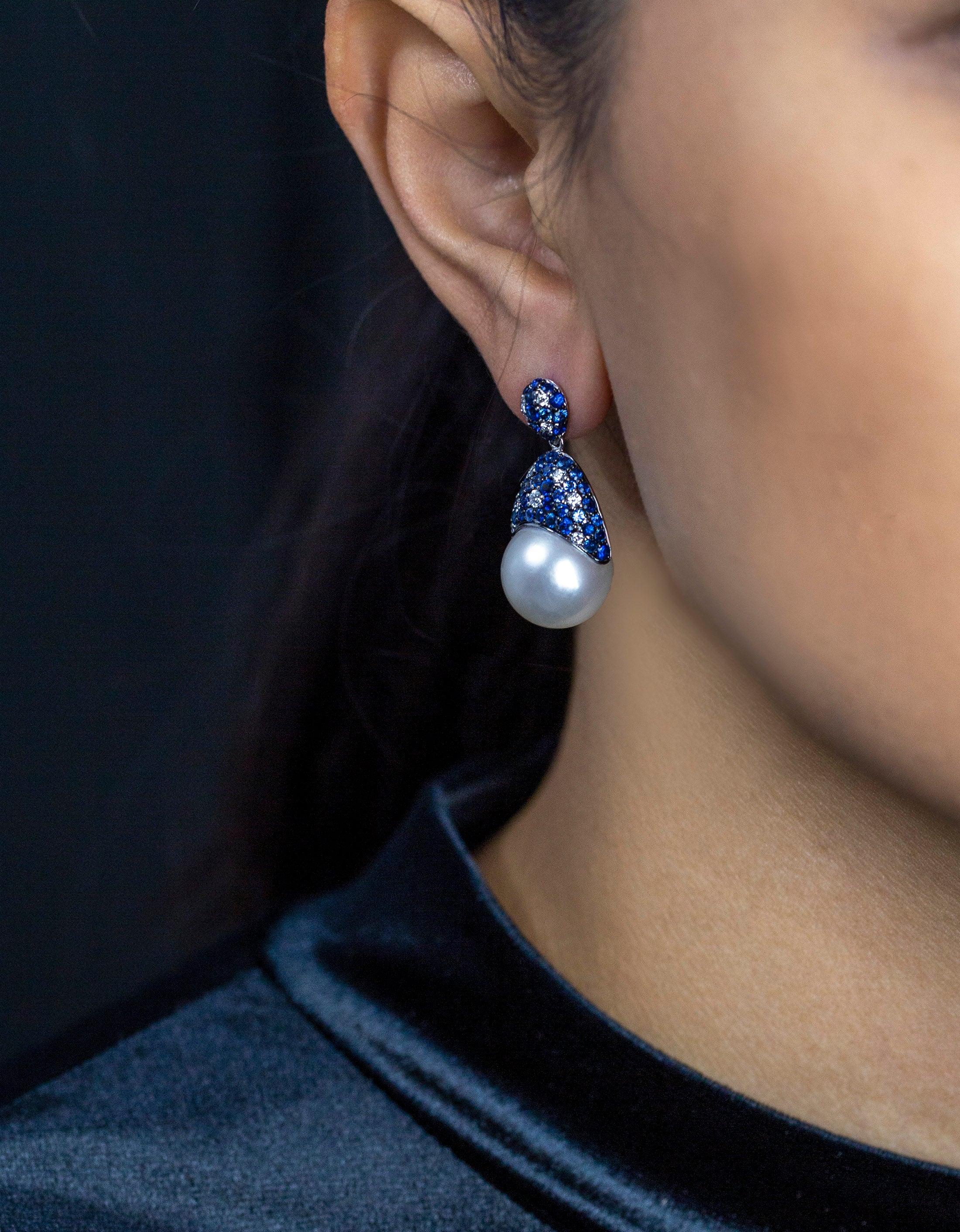 3.07 Carat Blue Sapphire and South Sea Pearl Drop Earrings in White Gold