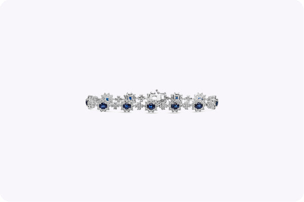 6.64 Carat Oval Blue Sapphire with Diamond Halo Flower Bracelet in White Gold