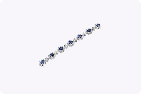 6.64 Carat Oval Blue Sapphire with Diamond Halo Flower Bracelet in White Gold