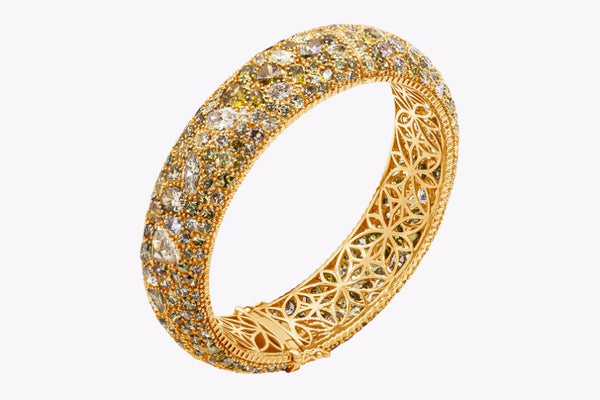 49.12 Carats Total Mixed-Cut Fancy Color Diamond Micropavé Domed Bangle Bracelet in Rose Gold