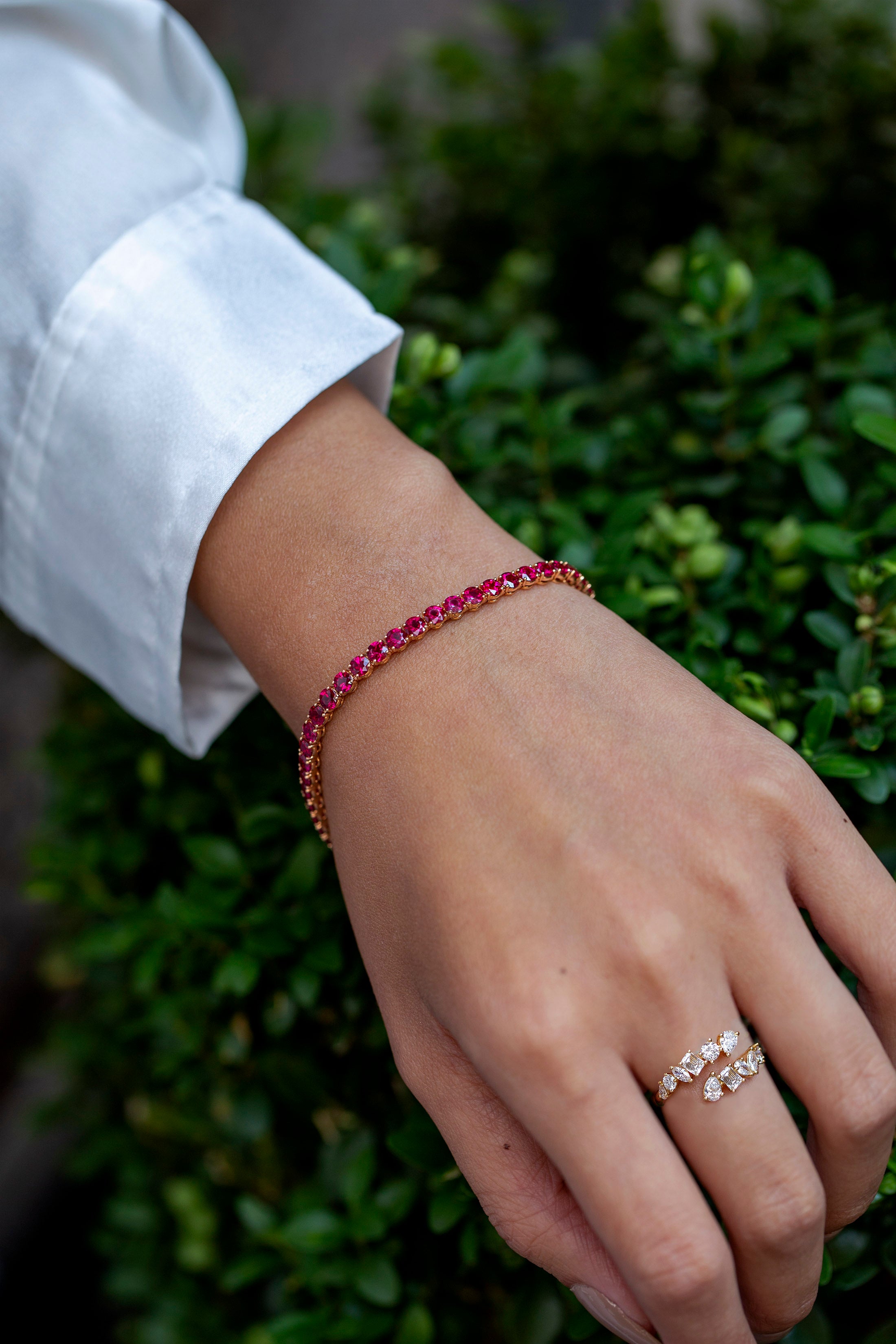 9.39 Carat Total Brilliant Round Cut Burmese Ruby Tennis Bracelet in Rose Gold