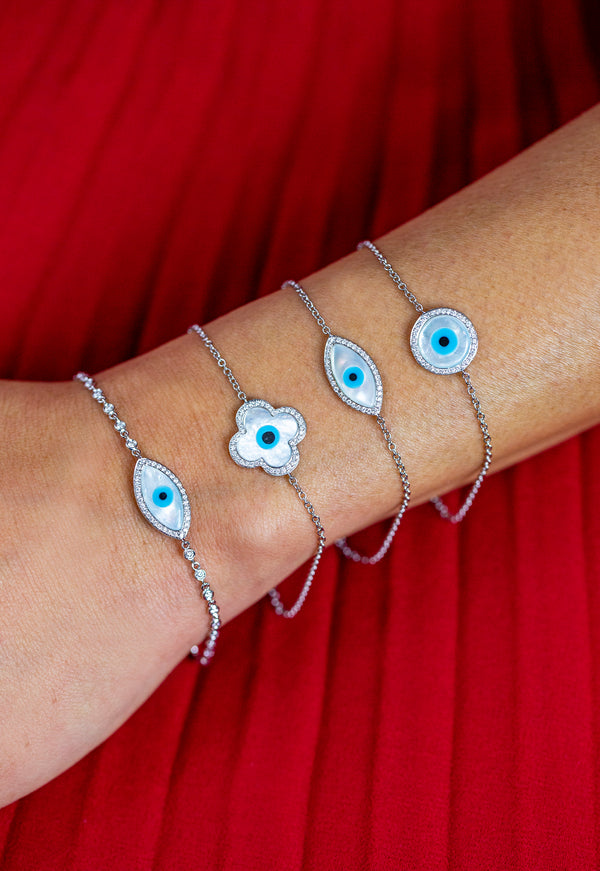 0.21 Carat Total Round Diamond Mother of Pearl Evil Eye Bracelet in White Gold