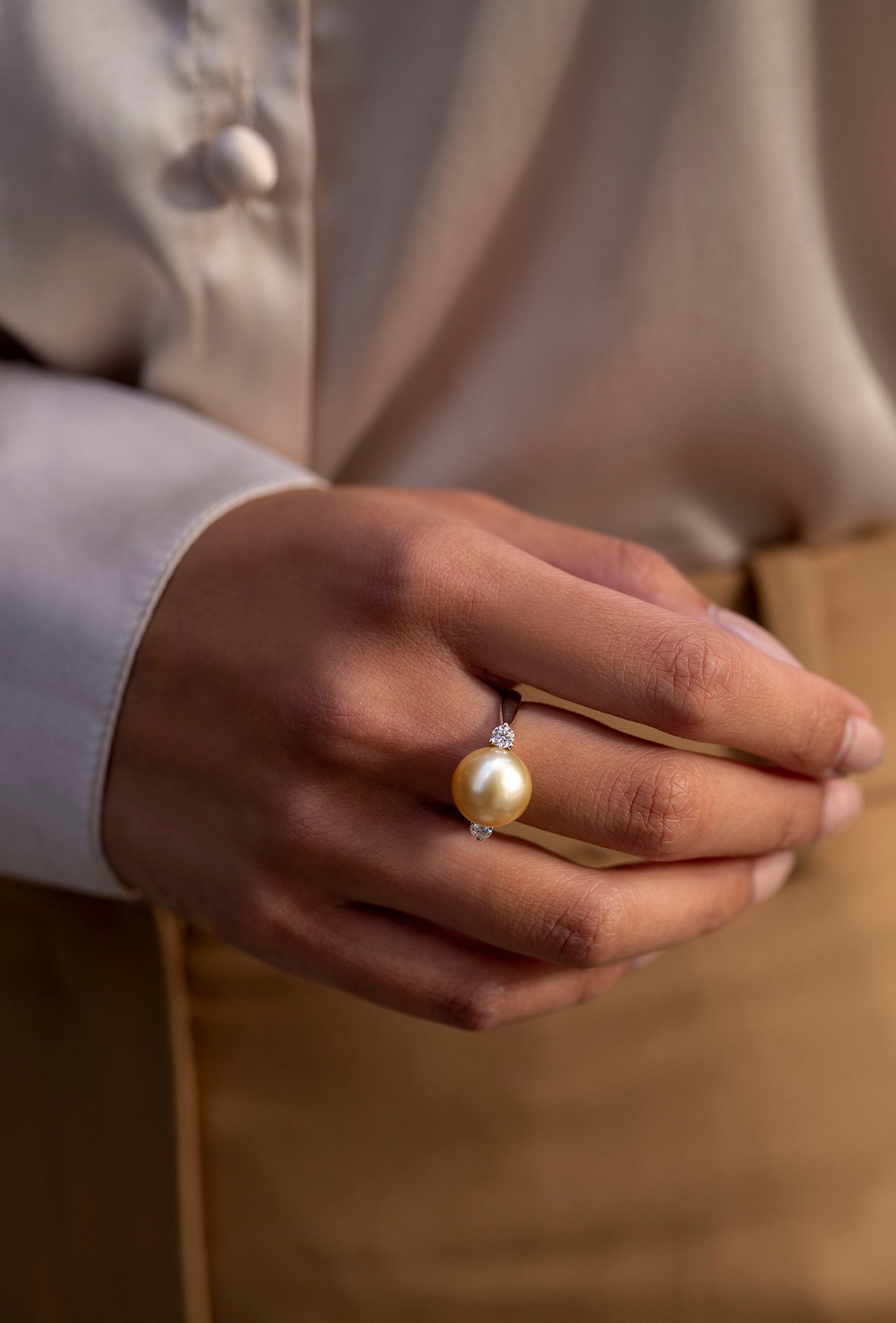 12 mm Golden South Sea Pearl & Diamond Cocktail Ring in White Gold