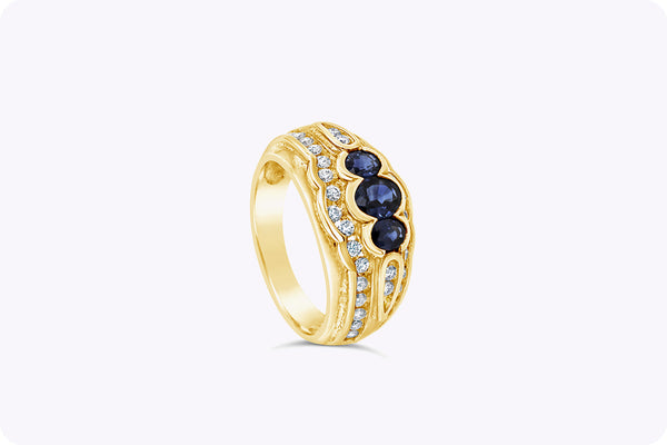 Three-Stone Blue Sapphire and Diamond Fashion Ring