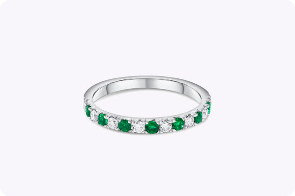 0.50 Carats Total Round Cut Alternating Emerald and Diamond Wedding Band in White Gold