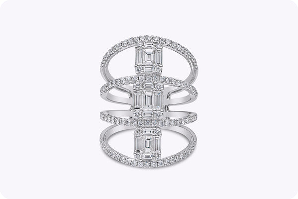 2.02 Carats Total Mixed Cut Diamond Four-Row Fashion Ring in White Gold