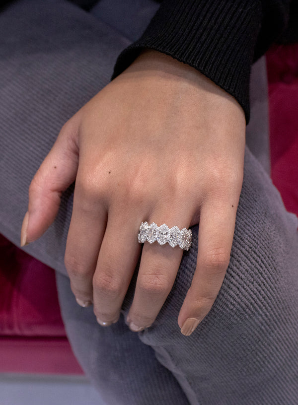 4.25 Carats Marquise Cut Diamonds Halo Eternity Fashion Ring in Platinum