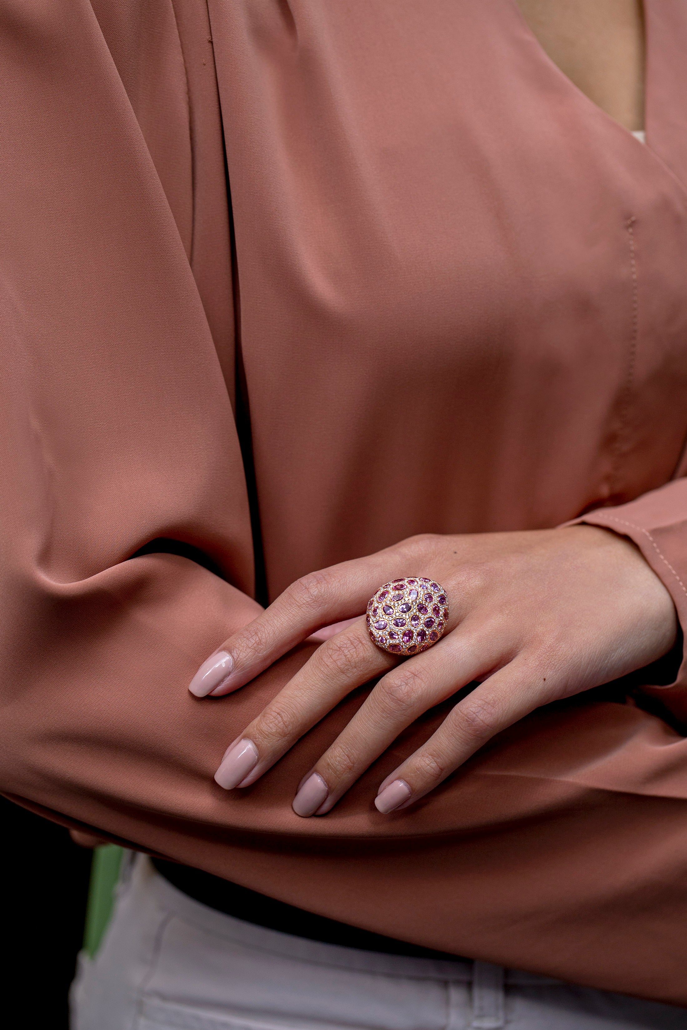 9.91 Carats Oval Cut Pink Sapphire & Diamond Dome Fashion Ring in Rose Gold