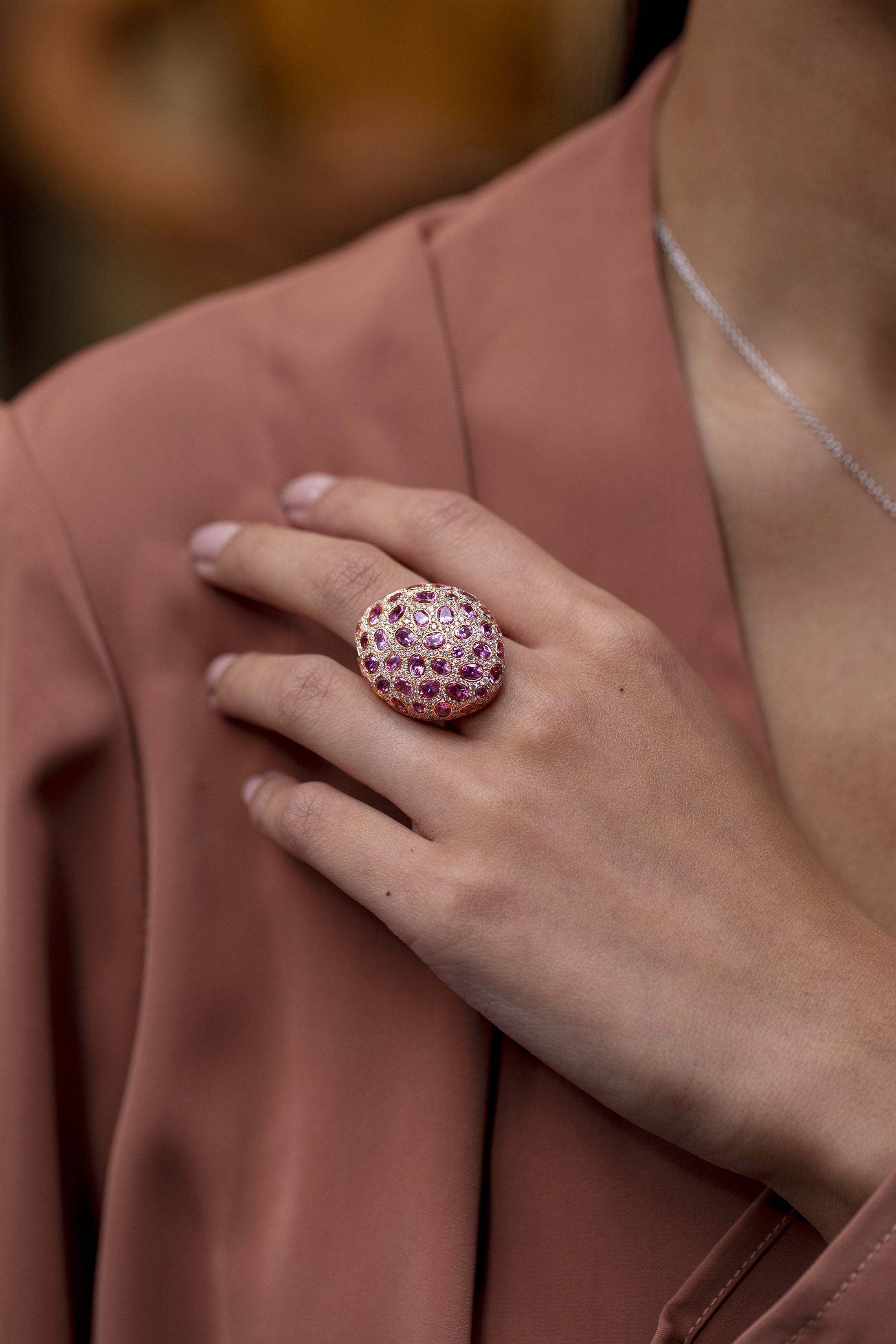 9.91 Carats Oval Cut Pink Sapphire & Diamond Dome Fashion Ring in Rose Gold