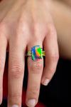 GIA Certified 5.75 Carat Rare Black Australian Opal Fashion Ring with Fancy Yellow and White Diamond Side Stones