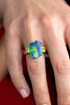 GIA Certified 5.75 Carat Rare Black Australian Opal Fashion Ring with Fancy Yellow and White Diamond Side Stones