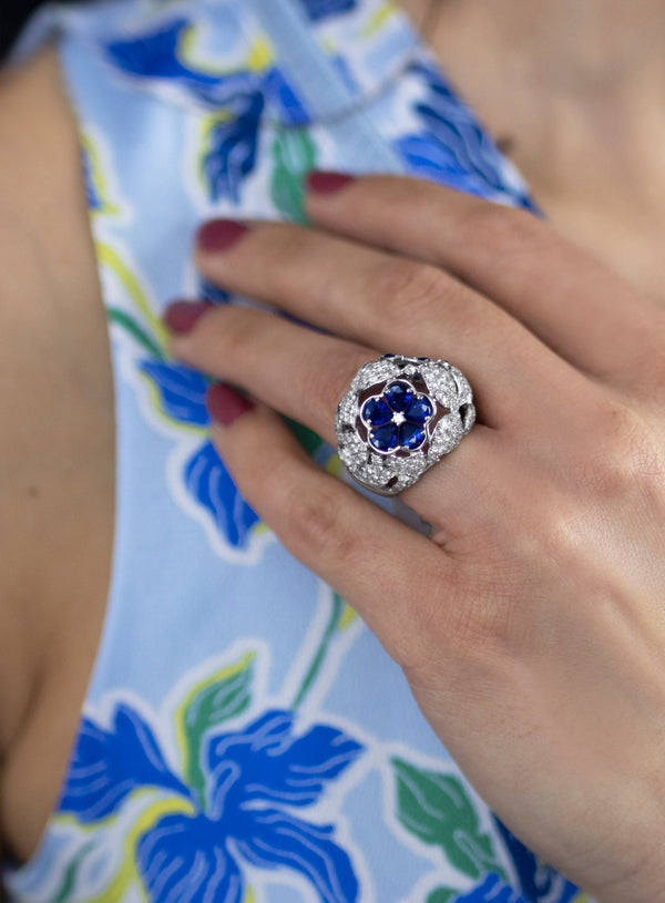 8.11 Carats Total Pear Shape Sapphire & Diamond Dome Floral Fashion Ring in White Gold