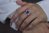 2.77 Carat Round Cut Blue Sapphire Three-Stone Engagement Ring in Platinum