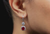 4.15 Carat Cushion Cut Ruby and Diamond Halo Dangle Earrings in White Gold